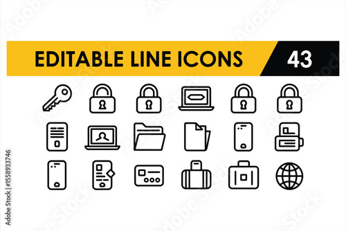 Collection of editable line icons representing security and business elements silhouette