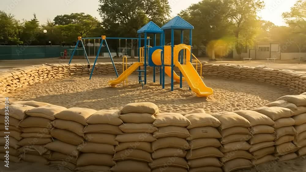 Colorful playground with slides and swings surrounded by sandbags in a sunny park setting