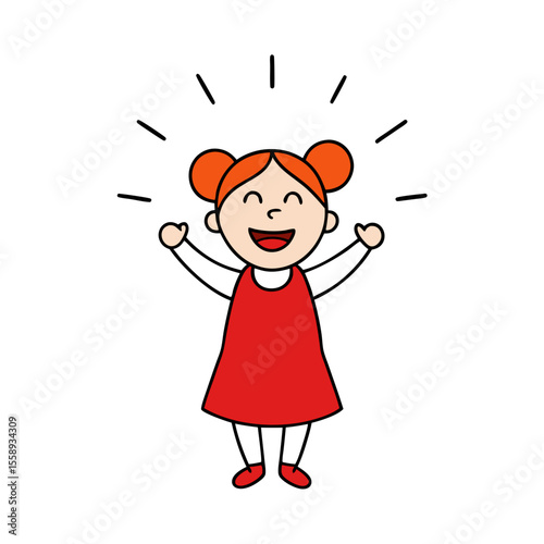girl with red dress, and raised in a gesture of excitement or success