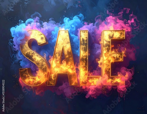 Fiery Gold SALE Sign with Smoke, Discount, and Promotion.