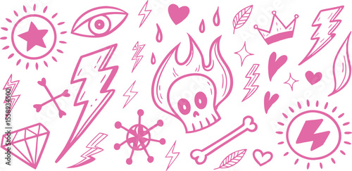Handdrawn pink illustrations of various objects including hearts lightning bolts skull crown sun on background