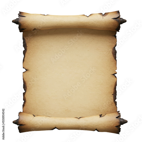 open treasure map style parchment scroll with burned edges isolated on white background