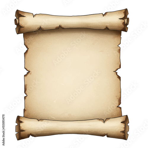 open treasure map style parchment scroll with burned edges isolated on white background