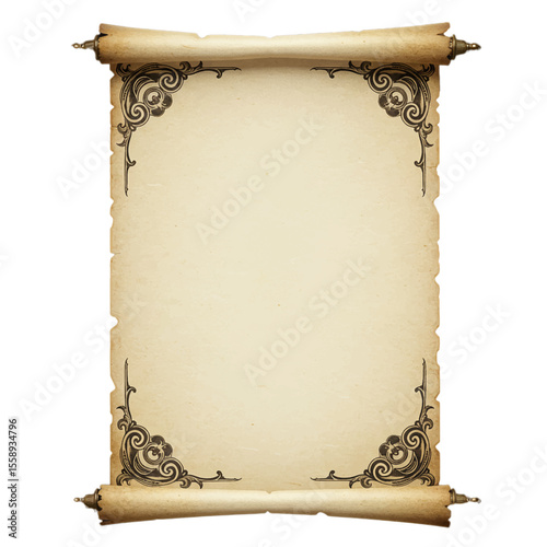 empty ancient parchment scroll for text or design mockup isolated on white background 