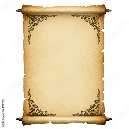 empty ancient parchment scroll for text or design mockup isolated on white background 