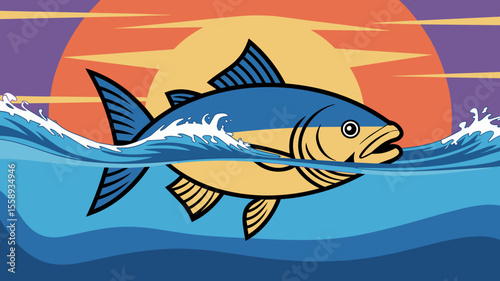 Fish swimming in ocean waves with sunset background  