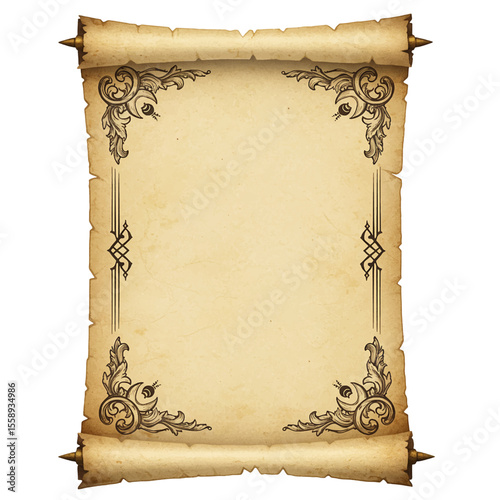 empty ancient parchment scroll for text or design mockup isolated on white background 