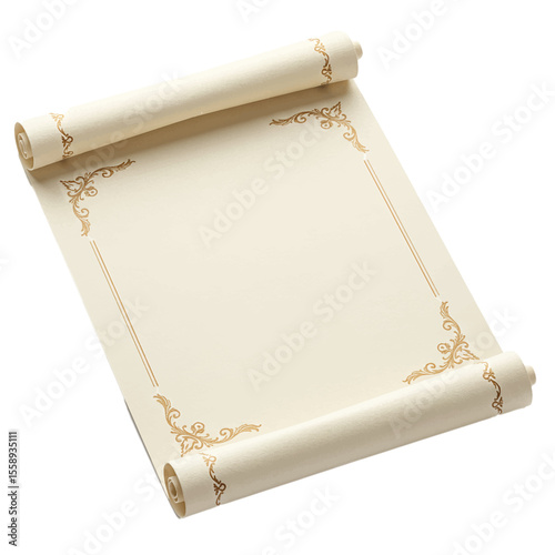 open decorative scroll paper for wedding, menu, or poster mockup isolated on white background 