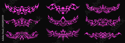 Vector set of pink tribal tattoo designs on black background. A modern twist on traditional tribal art, perfect for edgy fashion, digital graphics, and neon-inspired illustrations.