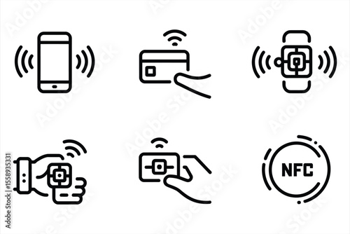 Collection of nfc payment icons in a simple line art silhouette style