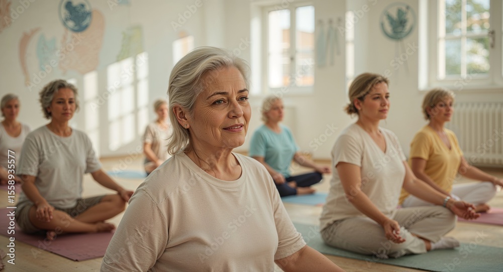 Obraz premium A group of older women are sitting in a yoga studio meditating with their legs crossed on mats