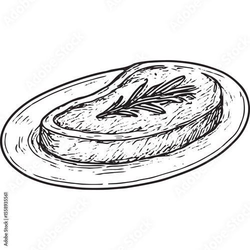 Sketch of a grilled steak with herb garnish, ideal for gourmet food designs