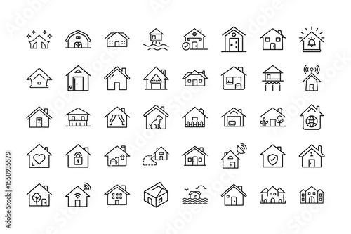 Collection of House Icons in Simple Black Line Style
