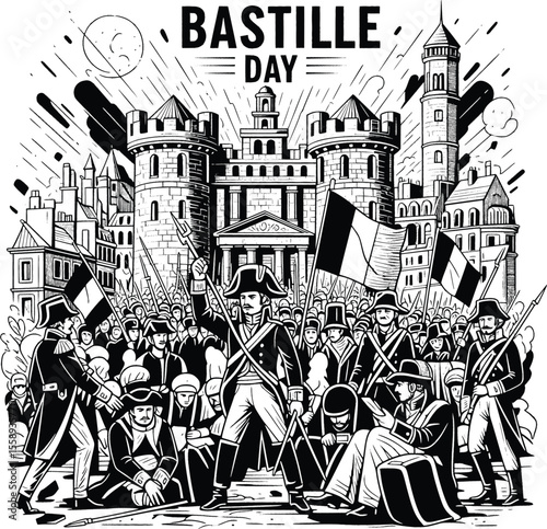 Black and white illustration of the French Revolution's Bastille Day celebration.