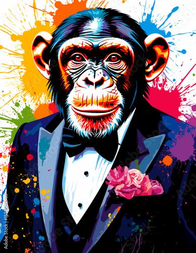 Attentive chimpanzee wearing tuxedo with colorful splashes background  