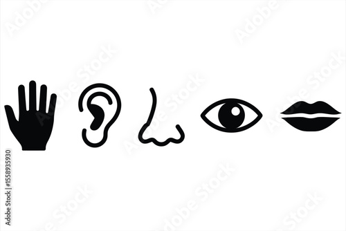 Five senses icons hand ear nose eye mouth silhouette