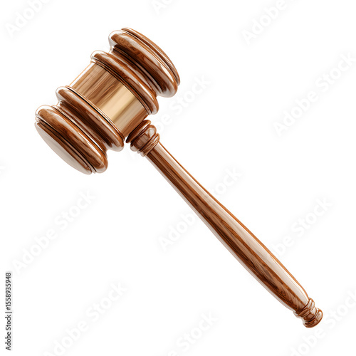 Shiny Wooden Gavel with Golden Band Isolated on White Background