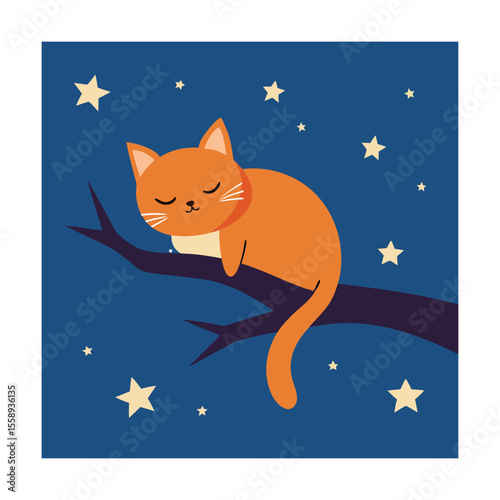 Cat Sleeping on Tree Branch with Night Sky Scene