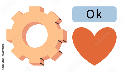 Orange gear, red heart, blue rectangle with OK. Ideal for productivity, balance, teamwork, approval, emotional well-being decision-making simplicity. A simple flat metaphor