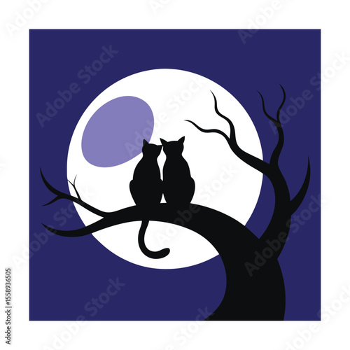 Cats Cuddling on Tree with Full Moon Background