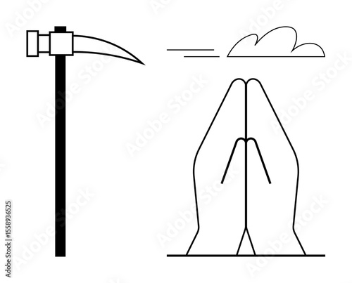 Pickaxe represents work and effort, while folded hands convey prayer, faith, and gratitude. Ideal for labor, religion, spirituality, balance duality effort simplicity. Simple flat metaphor