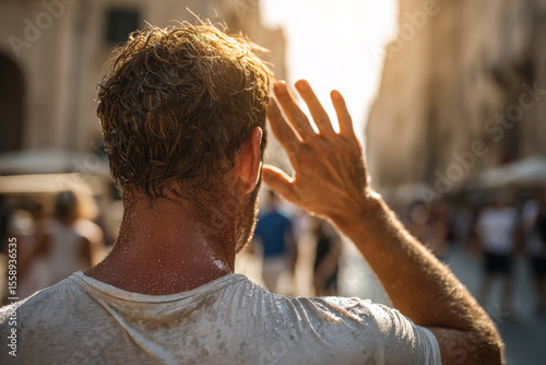 Man shielding eyes from the sun in a crowded city street  He's wearing sunglasses and a thin, white t-shirt that is soaked with sweat, indicating he feels very hot