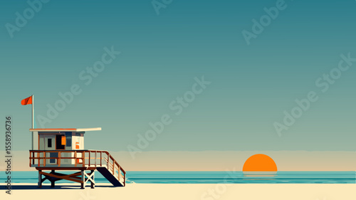 Lifeguard tower on sandy beach at sunset, with vibrant orange sun setting over calm ocean waters, creating a serene coastal atmosphere and inviting relaxation