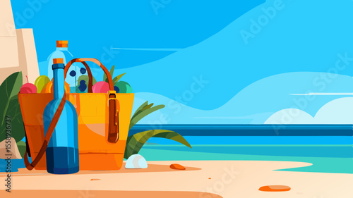 Colorful picnic basket filled with fruits and drinks, placed on sandy beach, with clear blue ocean waves and bright sky in the background, evoking a relaxing summer vibe