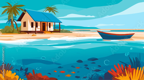 Vibrant tropical landscape featuring a serene beach house with a blue roof, surrounded by palm trees, clear water, and colorful coral reefs, evoking a peaceful coastal retreat