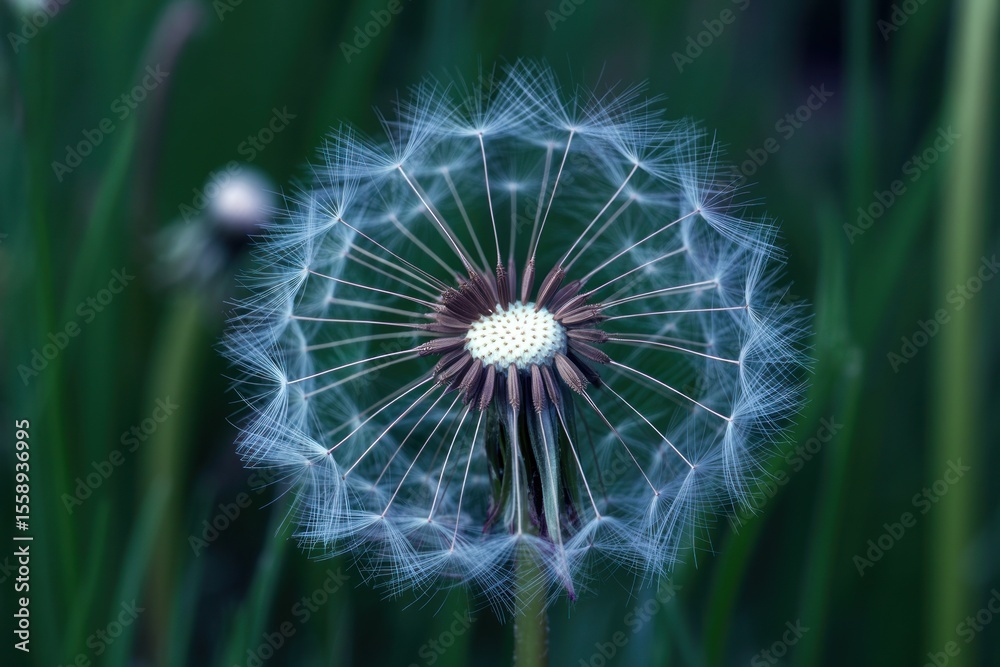 Fototapeta premium Close up of a dandelion seed head with blurred green background in a garden setting outdoors