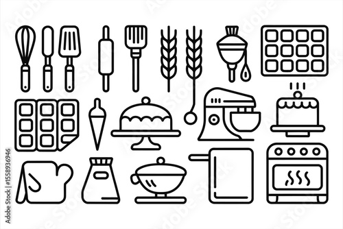 Collection of baking and cooking utensils and ingredients silhouette