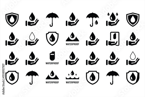 Collection of water protection and waterproof icons silhouette
