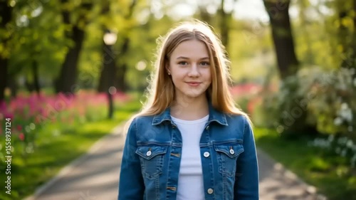 Young girl in denim jacket smiling on a sunny day in a vibrant park with blooming flowers