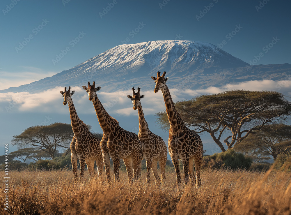 Fototapeta premium A group of giraffes in the African savanna with Mount Kilimanjaro carved into their fur