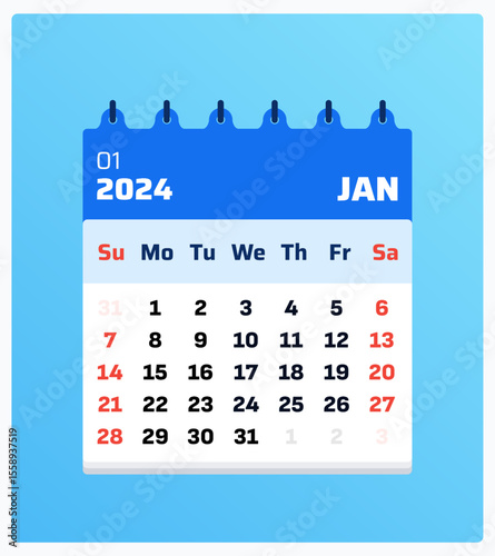 January 2024 calendar. Blue calendar portrait. 2024 Weekend start saturday. Design template best for advertisement, presentation, and post. Vector illustration
