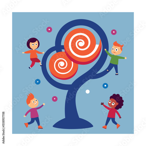 Children Playing Around Spiral Tree Illustration