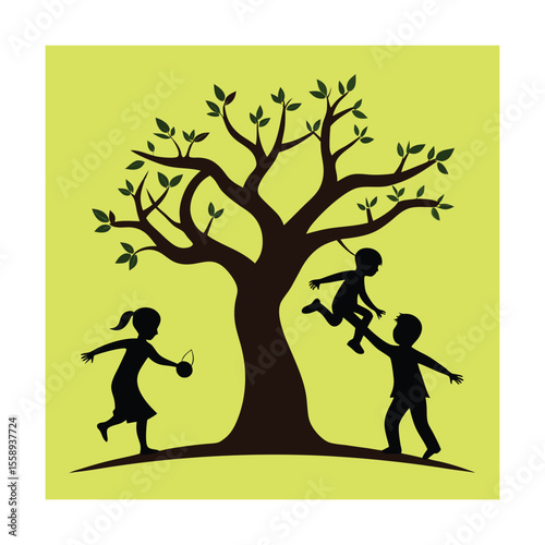 Children Playing Around Bare Tree Silhouette