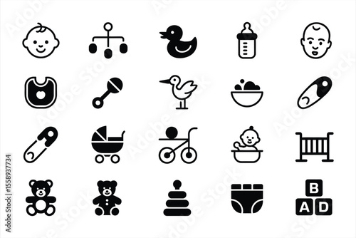 Collection of baby care and toy icons in a simple silhouette style
