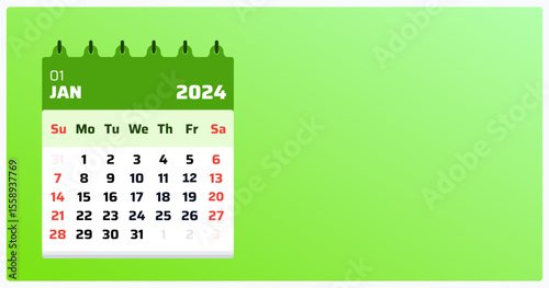 January 2024 calendar. Green calendar landscape. 2024 Weekend at sunday and saturday. Design template. Date of monthly calendar jan 2024.  Vector illustration.