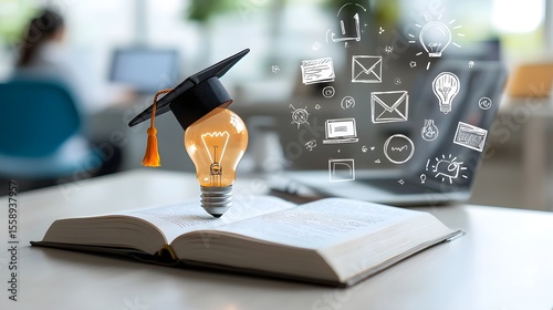 Inspiring scene depicting the power of education with a bright lightbulb wearing a graduation cap sitting atop an open book surrounded by floating online learning icons and a dreamy