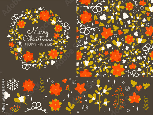 Set of vintage Christmas card, seamless pattern and botanical decorative elements - holly berry, mistletoe, Christmas tree branch, Poinsettia flower. Merry Christmas and Happy New Year wreath. Vector