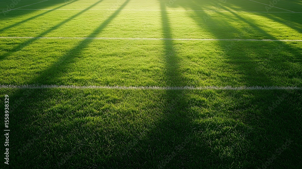 Obraz premium A lush manicured green sports field with crisp white boundary lines bathed in a soft warm golden glow from the sun s rays casting long shadows across the rich textured grass surface