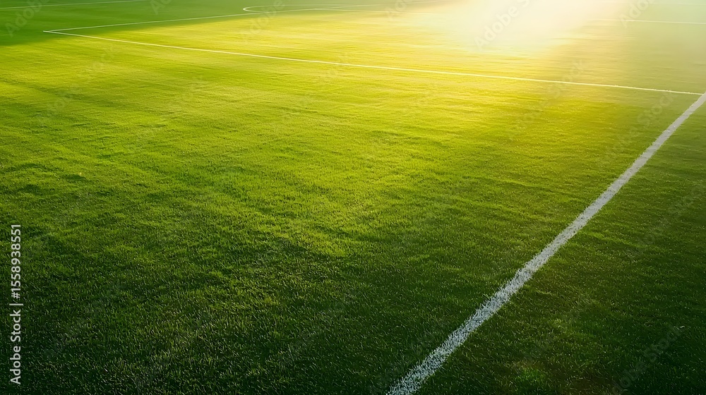 Obraz premium A vibrant green sports pitch or field with crisp white boundary lines glowing under the soft warm rays of the sun and showcasing the rich textured surface of the well maintained grass