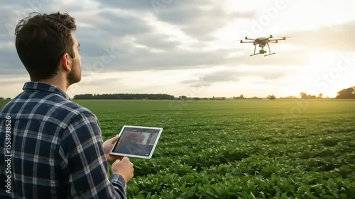 Young man using a tablet to control a drone over a green agricultural field during sunset