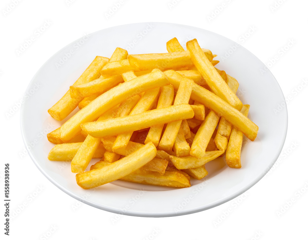 golden french fries on white round ceramic plate served as fast food side dish on isolated background
golden french fries on white round ceramic plate served as fast food side dish on isolated background