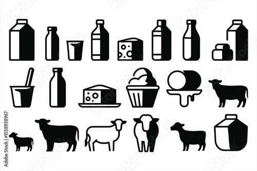 Collection of dairy products and farm animals in silhouette style