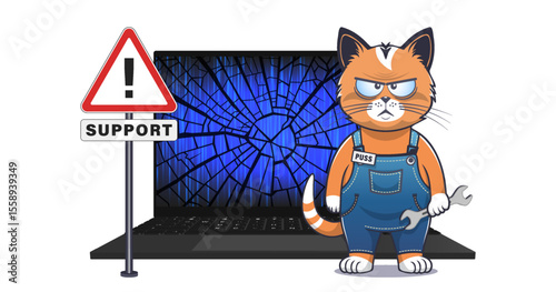 Vector very serious red cartoon puss in denim overalls and with wrench. Road warning exclamation mark, sign with inscription support. 3d mobile computer, laptop with broken screen. Important cat