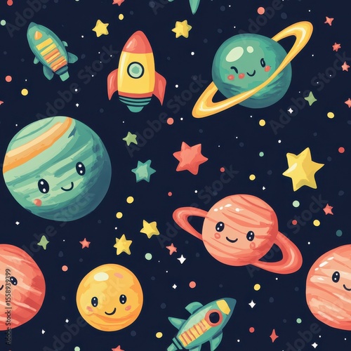 Cute Seamless Pattern for Kids Featuring Cartoon Space Elements