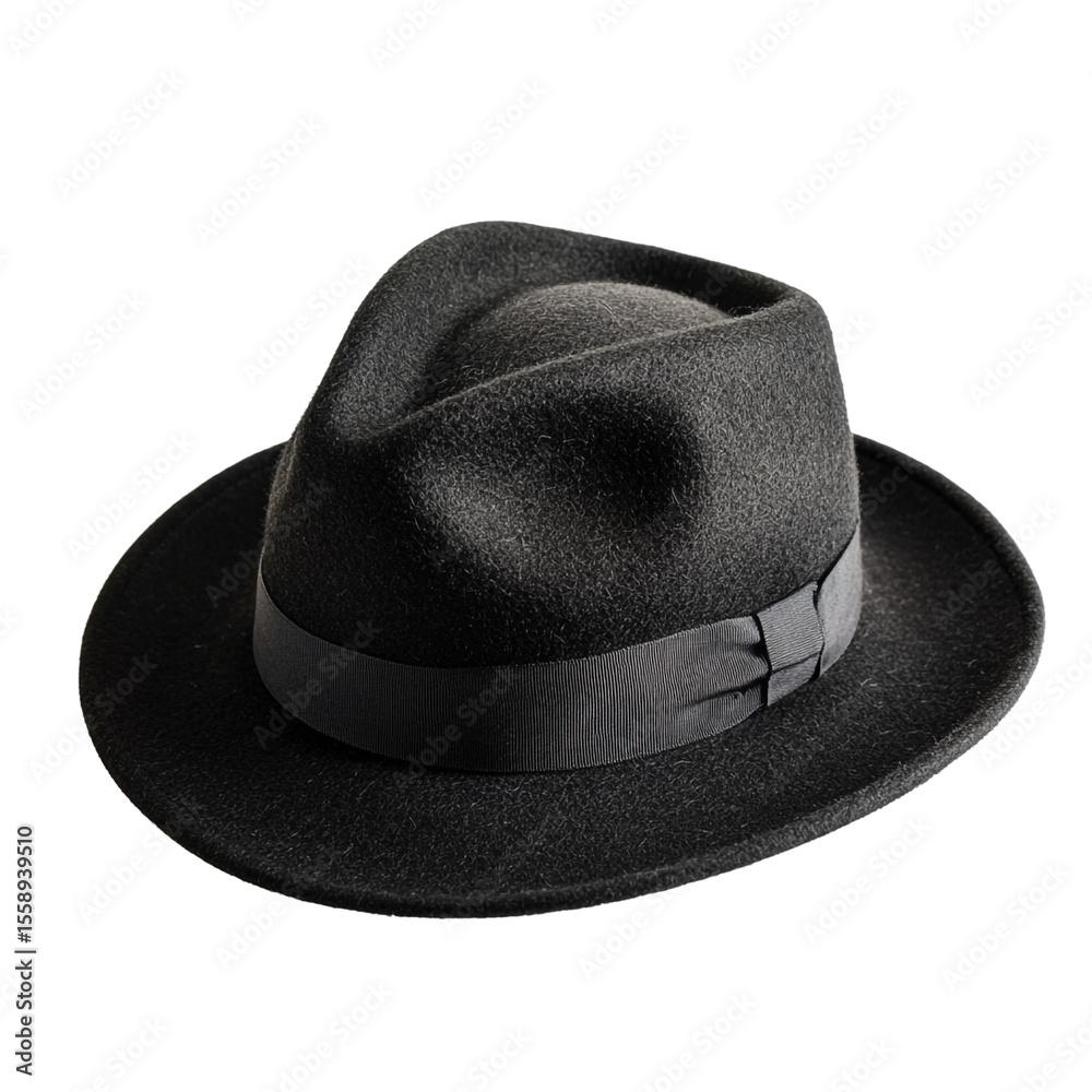 A black fedora hat sits on a black background showing its texture and detail A black fedora hat sits on a black background showing its texture and detail