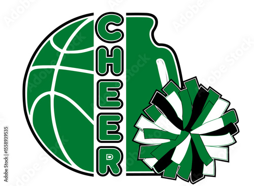 Cheerleading megaphone, pom poms and a basketball